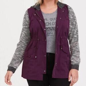 TORRID Purple Anorak Jacket Gray Marled Sleeves Hooded Size 0 12/L Snap Front